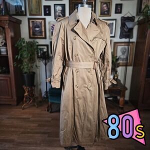 Evan‎ Picone Trench Coat Vintage 80s Tan Double Breasted Belted Rain Jacket 14P